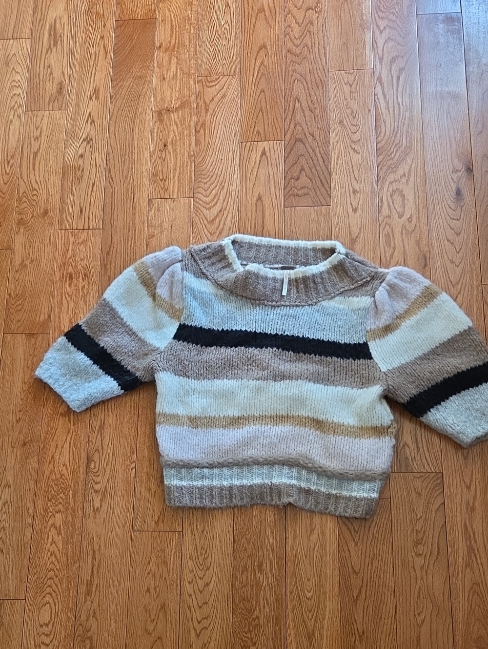 Free People Striped Cropped Crewneck Sweater in Cream, Tan & Black